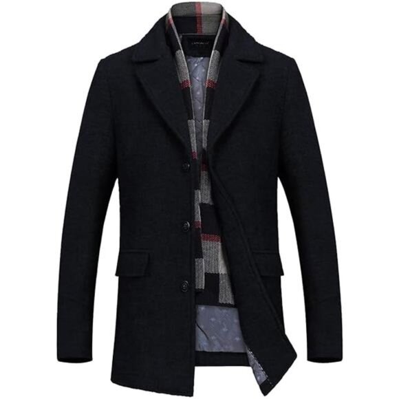 Mens WoolBlend Coat Winter Trench Coat with Detachable SoftScarf Single Breasted - Picture 8 of 8